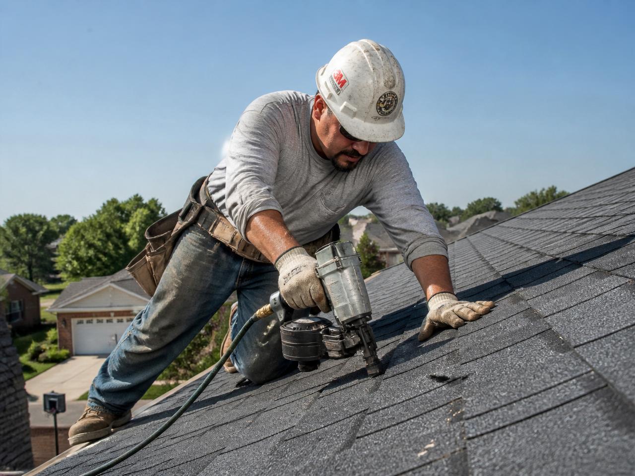 UPI roofer nailing down architectural shingles on a Plano, TX home